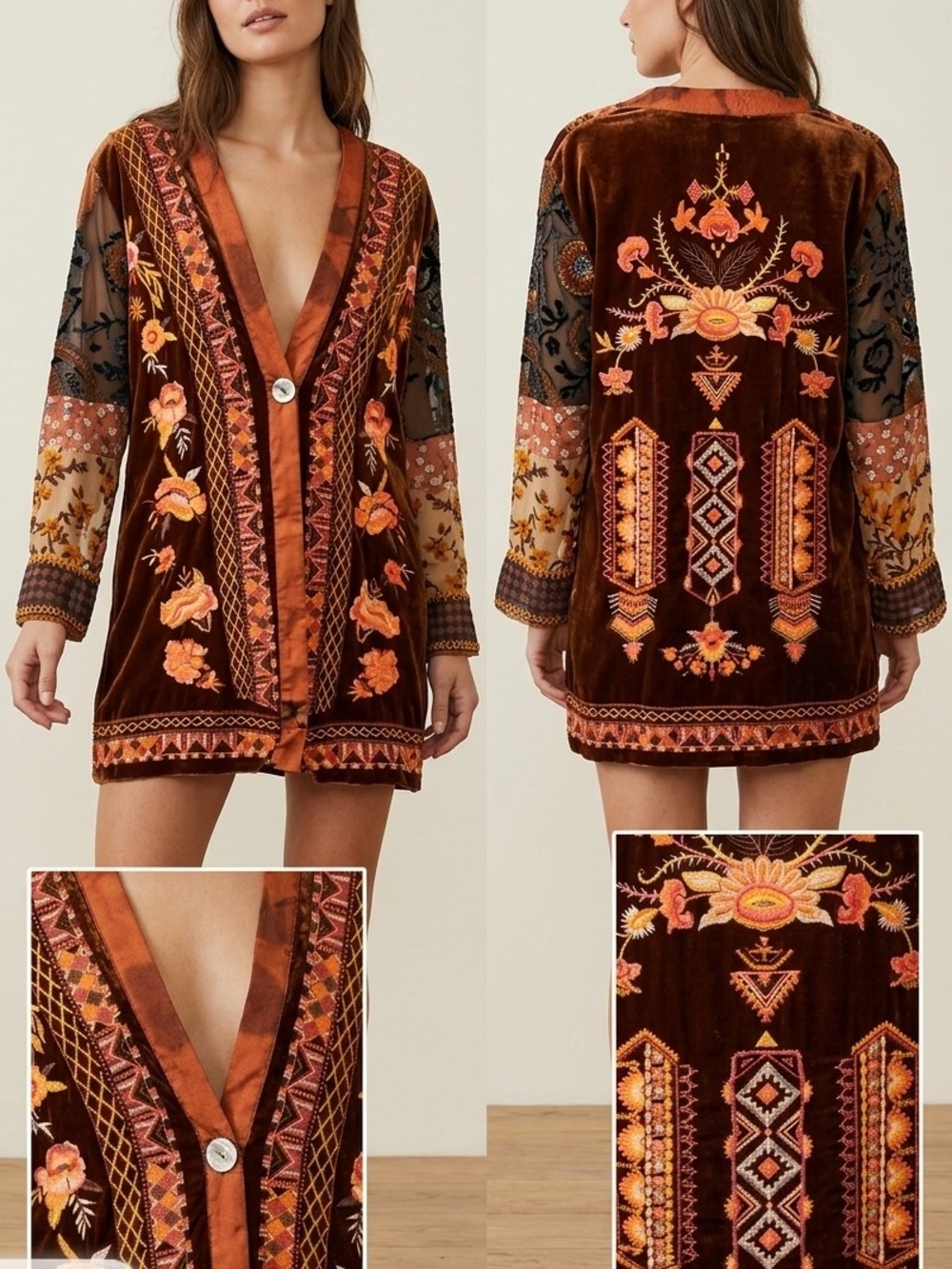 John Mark Printed Shawl Collar Burnout 3/4 Sleeve Velvet Embroidered Kimono